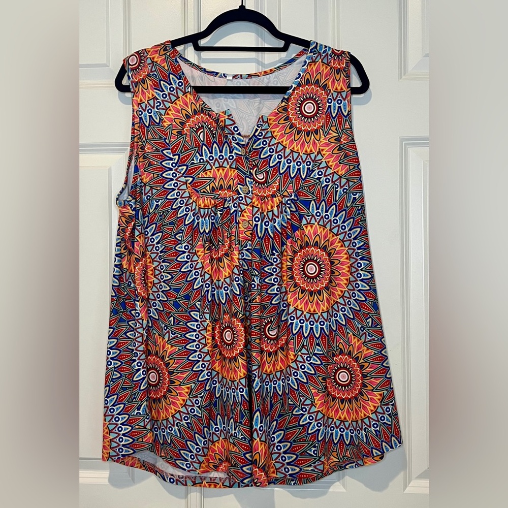 Multicolor bohemian or mandala print sleeveless tunic top